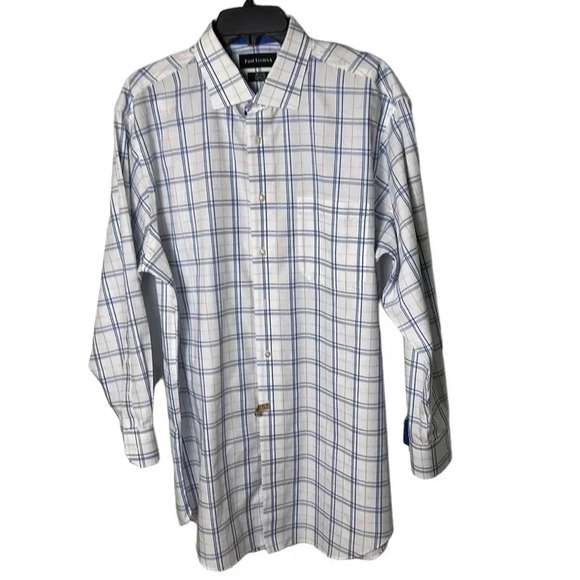 PAUL FREDRICK,  shirt, men 16.5”. White, blue,plaid,2 ply cotton shirt, button - Picture 4 of 17